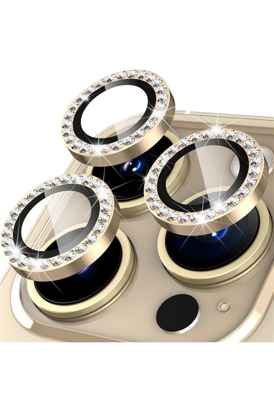 Apple Serisi Elmas Taşlı Kamera Lens Koruyucu Gold Renkli