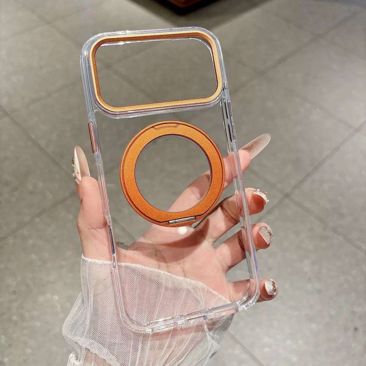 Armor Standlı Premium Sararmaz Şeffaf iPhone Kılıfı Turuncu Renkli