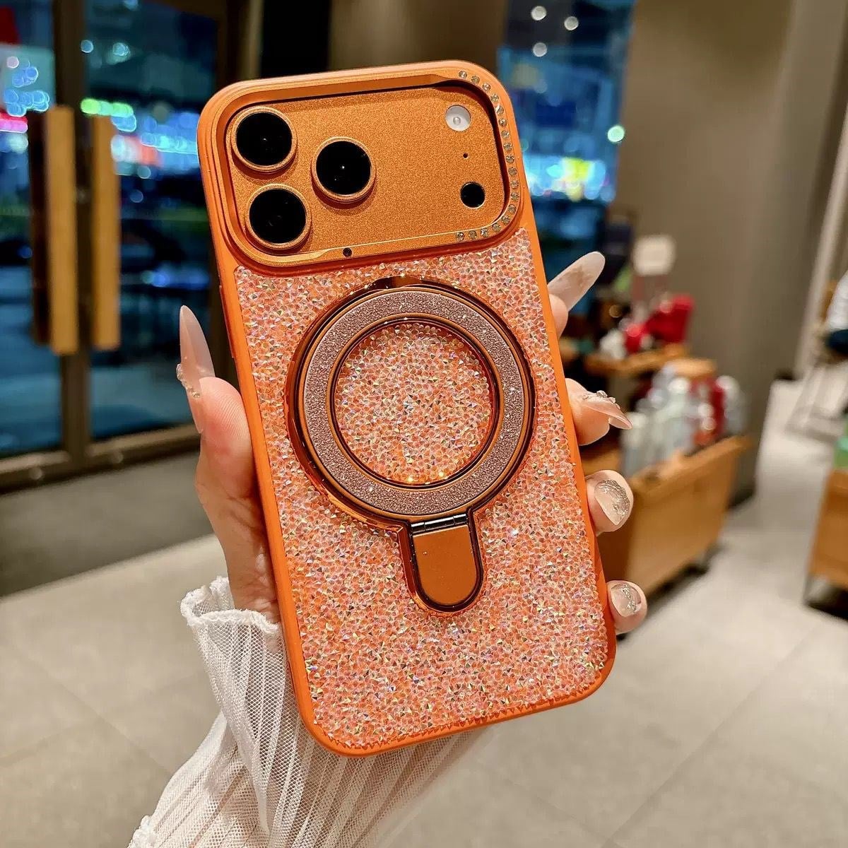 Bling Full Taşlı Standlı Magsafe Özellikli Kılıf Turuncu Renkli