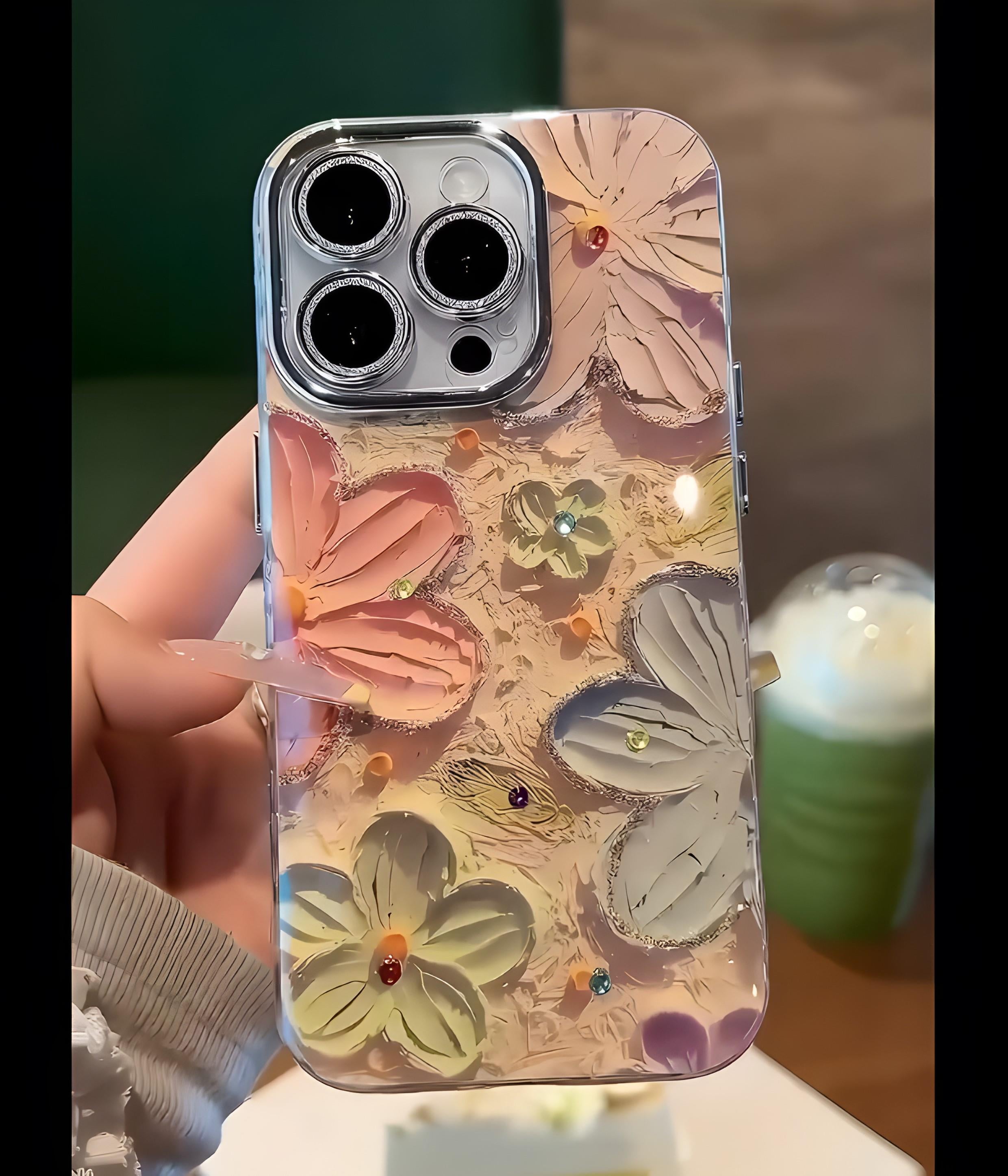 Butterfly Flower Kamera ve Lens Korumalı Parlak Silikon Telefon Kılıfı Hardal Renkli