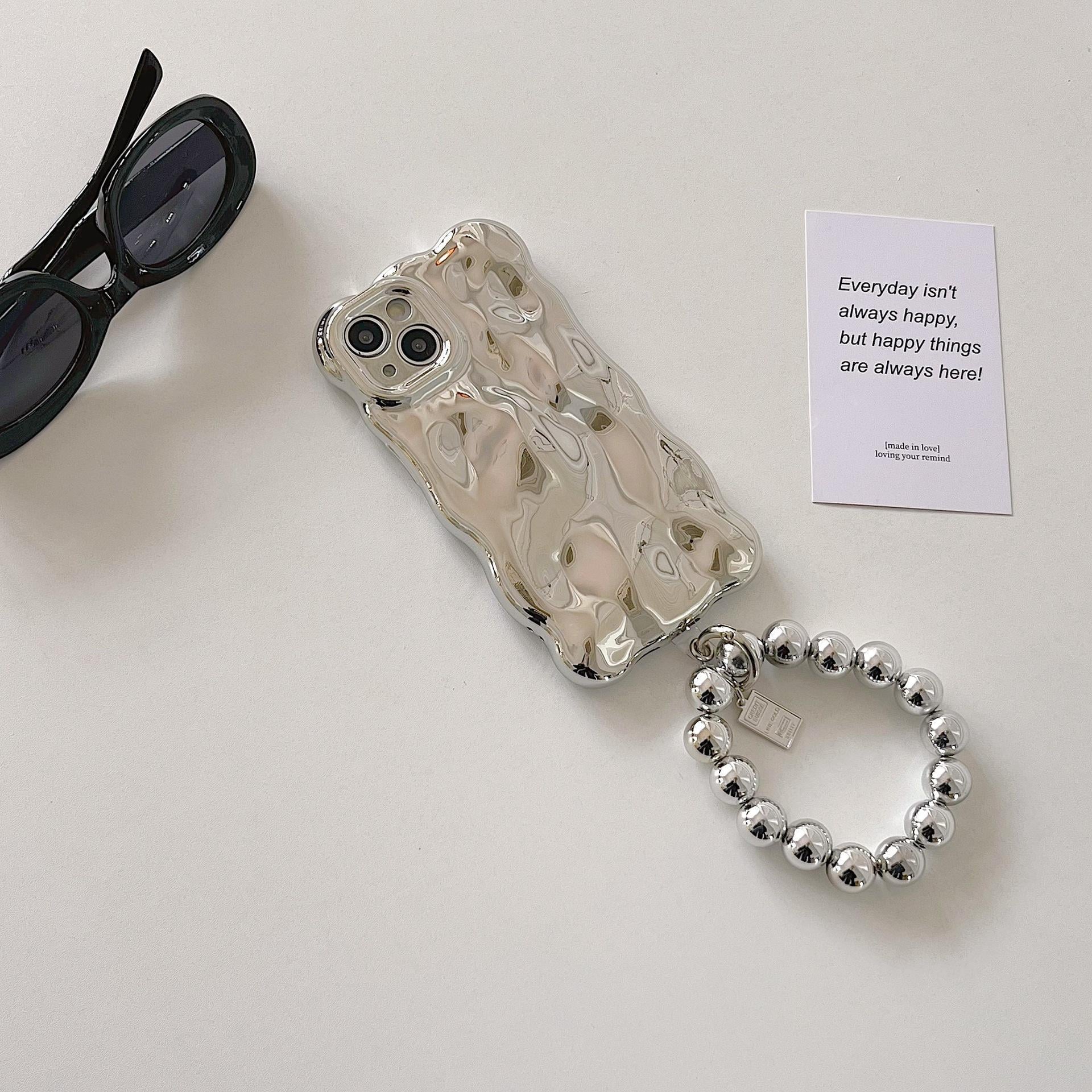 Dalgalı Parlak Bileklikli Puff Silikon Telefon Kılıfı Gümüş Renkli