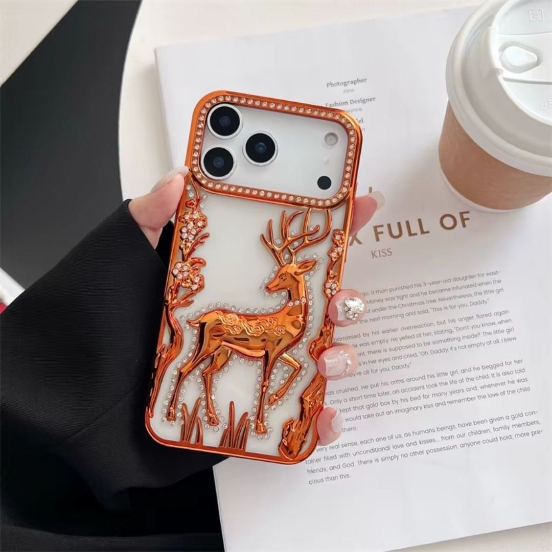 Elite Deer Parlak Taşlı Silikon Telefon Kılıfı Turuncu Renkli