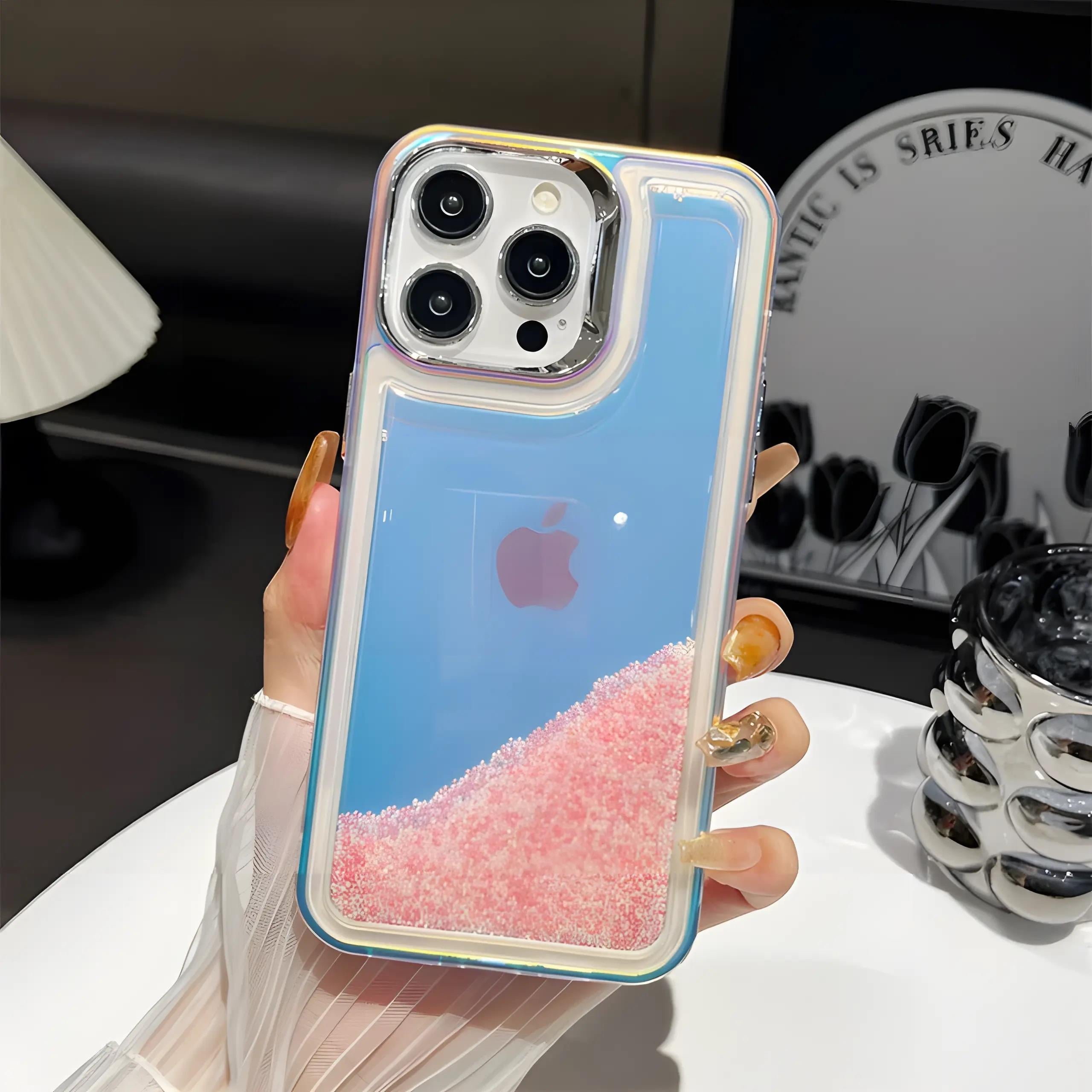 Hologramlı İnci Boncuklu Silikon Telefon Kılıfı Rose Renkli