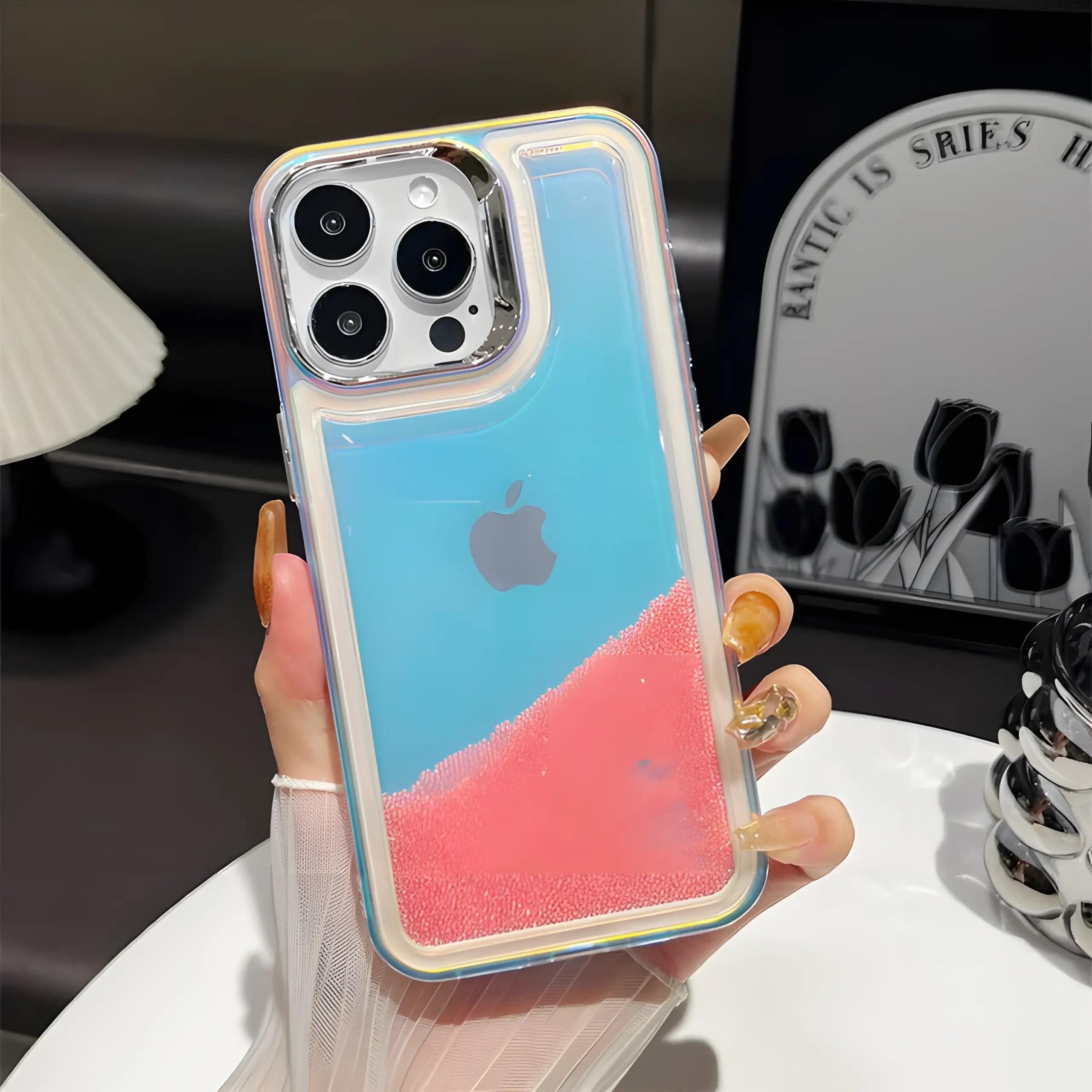 Hologramlı İnci Boncuklu Silikon Telefon Kılıfı Pembe Renkli