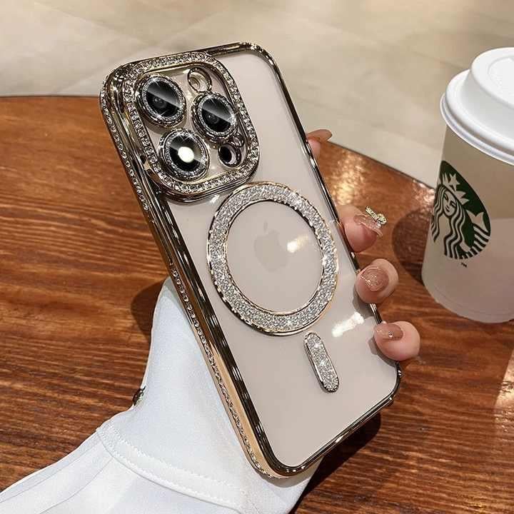 Kamera Korumalı Full Taşlı Magsafe Telefon Kılıfı Gold Renkli