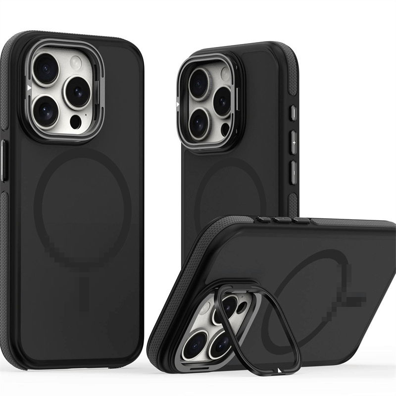 Kamera ve Lens Korumalı Standlı Magsafe Telefon Kılıfı Siyah
