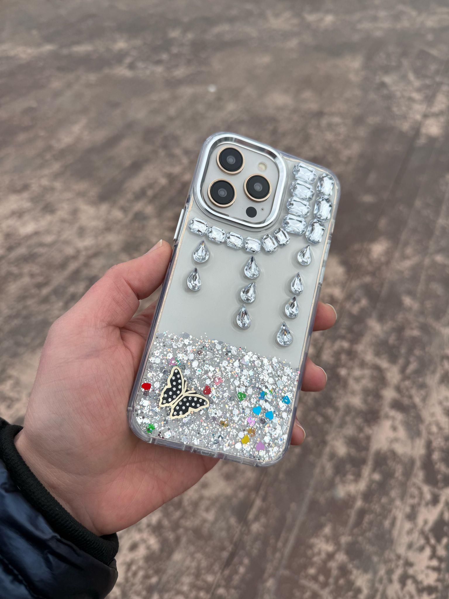 Kelebek Tasarım Taşlı Simli Silikon Telefon Kılıfı Desen-1