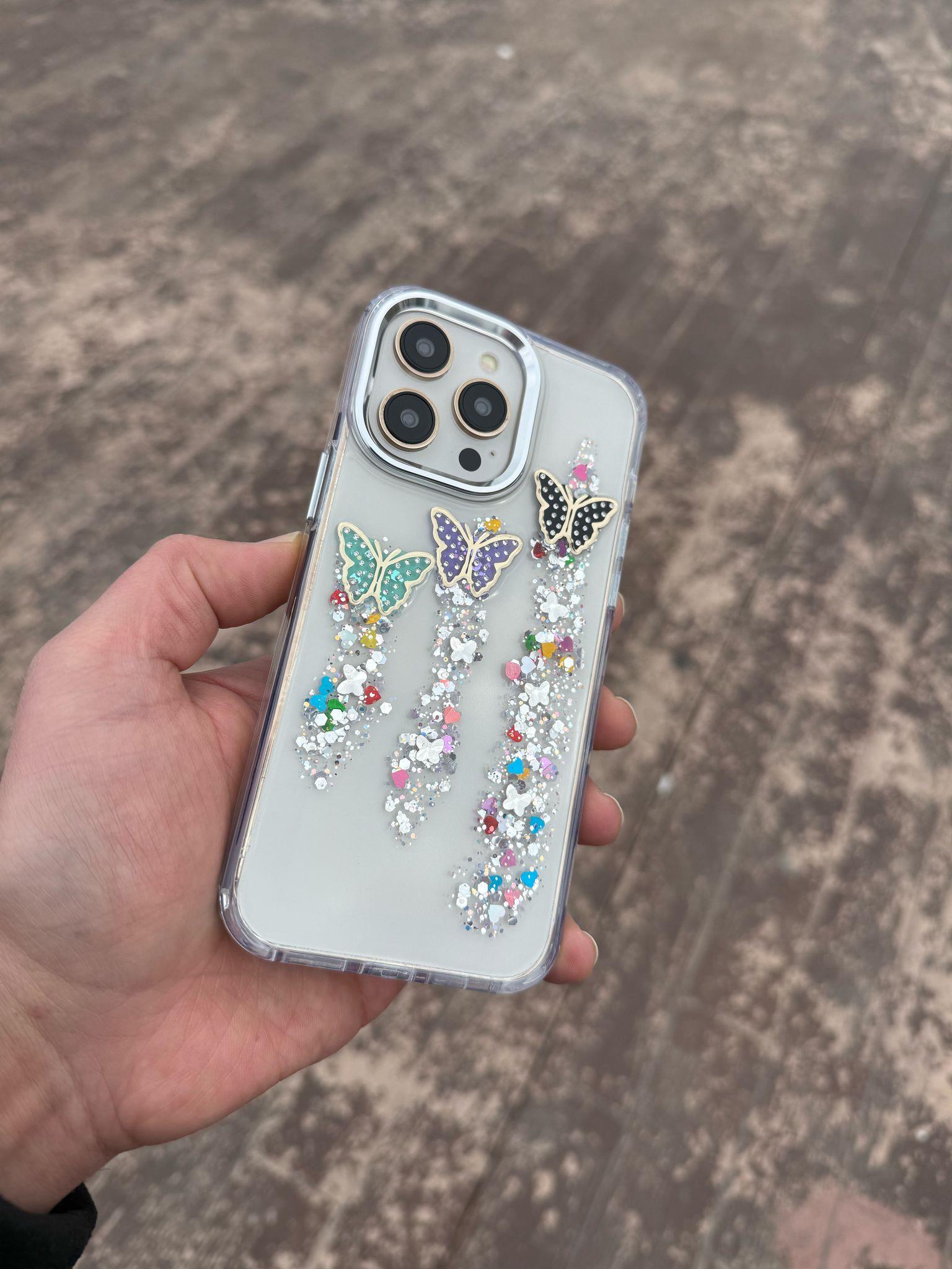 Kelebek Tasarım Taşlı Simli Silikon Telefon Kılıfı Desen-2
