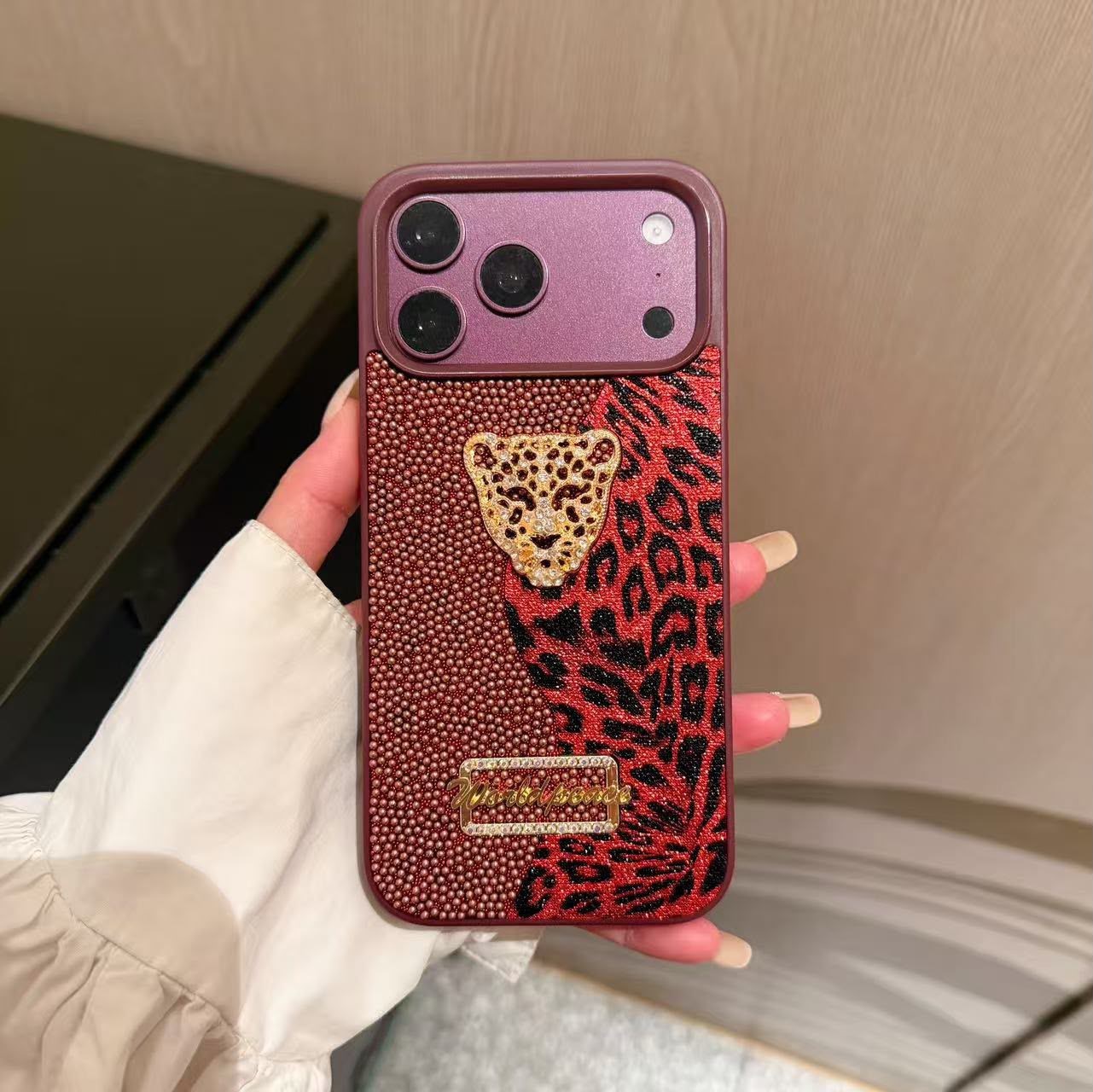 Luxury Leopar İnci Motifli Kılıf Bordo Renkli