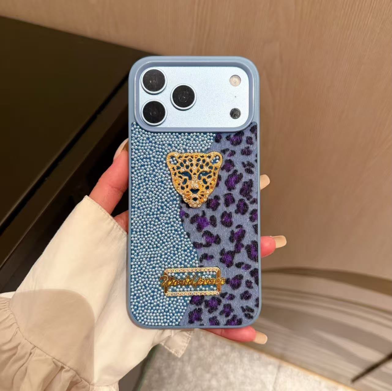 Luxury Leopar İnci Motifli Kılıf Mavi Renkli