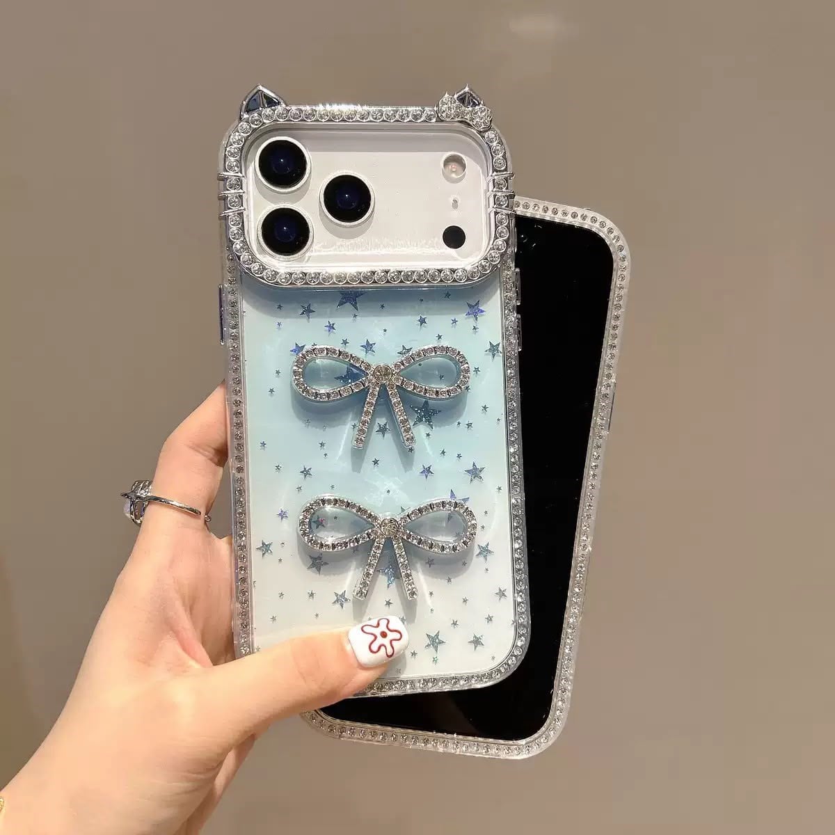 Luxury Simli Fiyonklu MagSafe Özellikli Kılıf Mavi Renkli