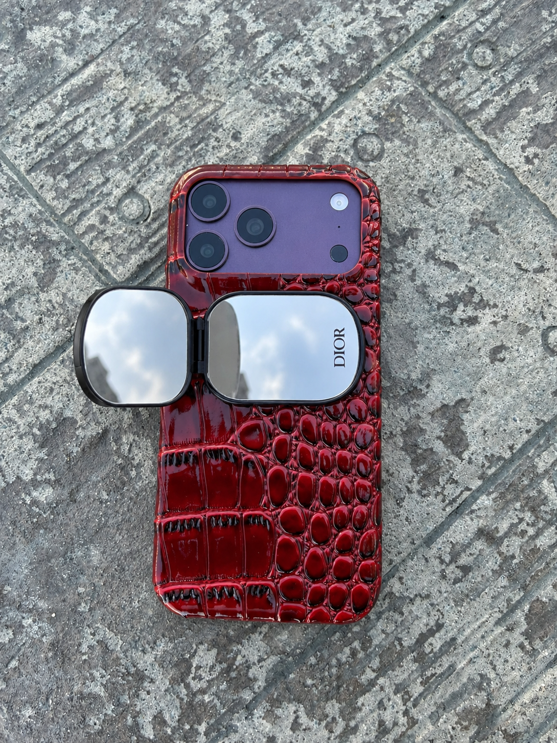 Luxury Snake Deri Görünmlü Dior Aynalı Kılıf Bordo Renkli