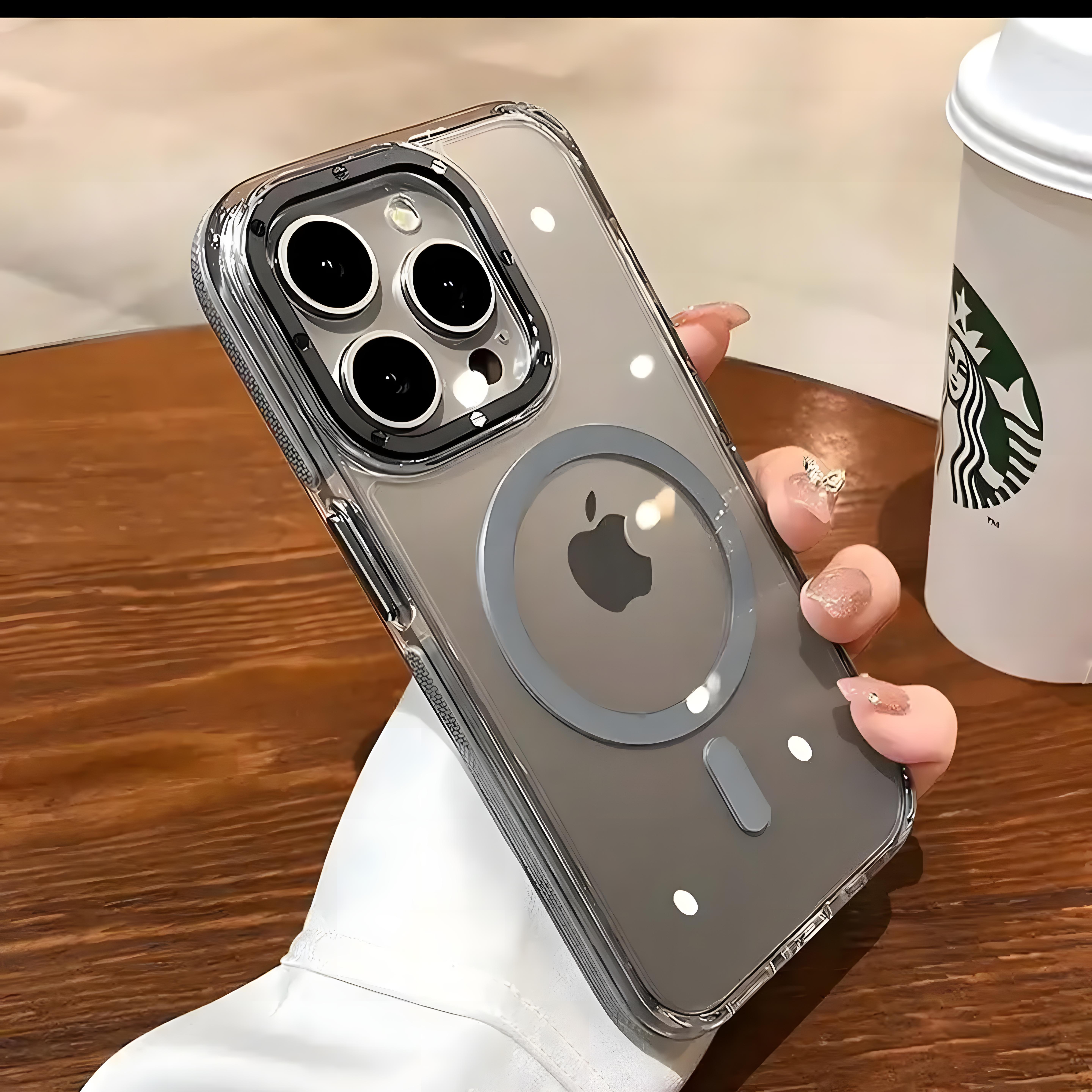 Metal Çerçeveli Metal Tuşlu Lens İmpact Magsafe Telefon Kılıfı Titanyum Renkli