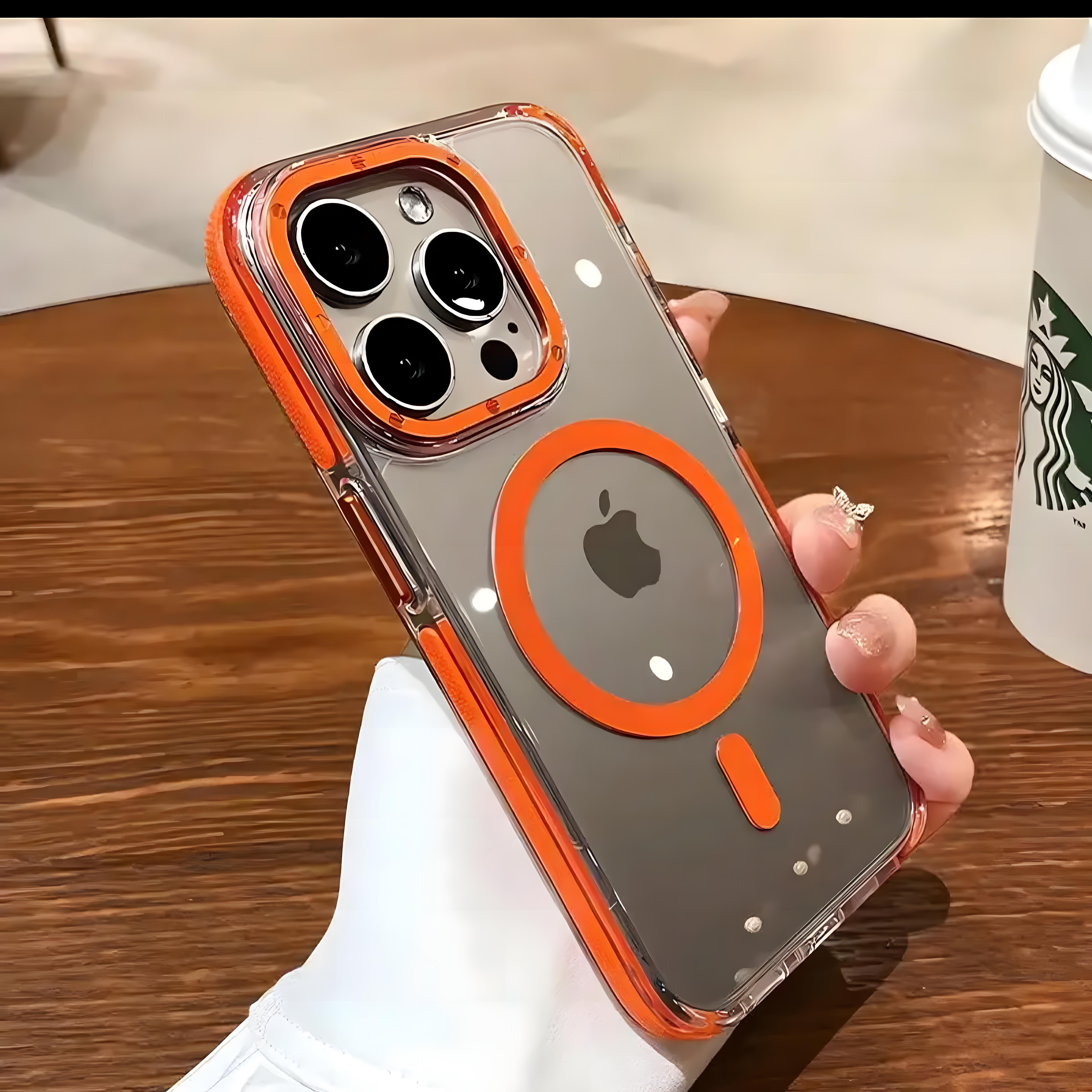 Metal Çerçeveli Metal Tuşlu Lens İmpact Magsafe Telefon Kılıfı Turuncu Renkli