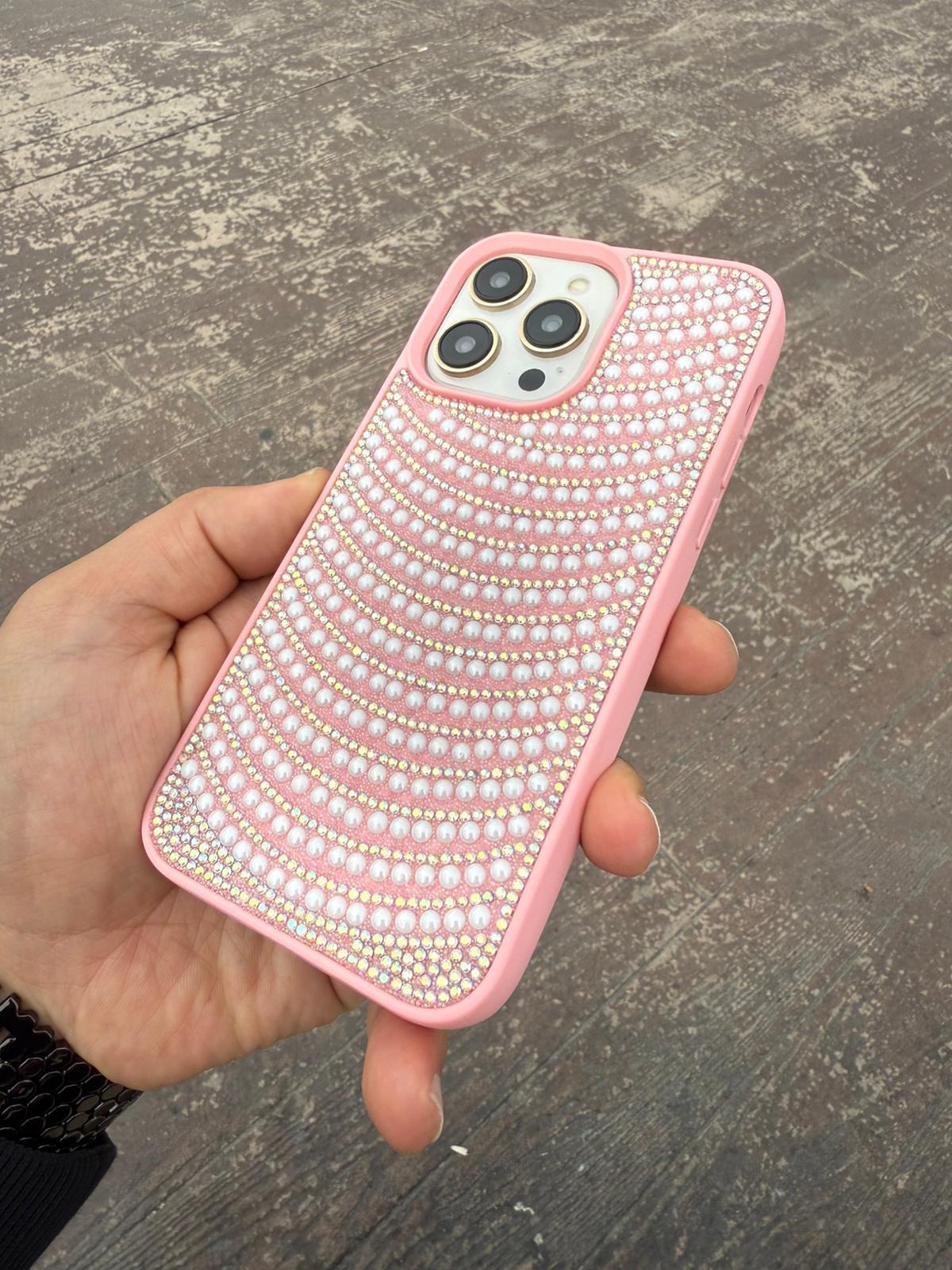 Puloka İnci Taşlı Silikon Telefon Kılıfı Pembe Renkli