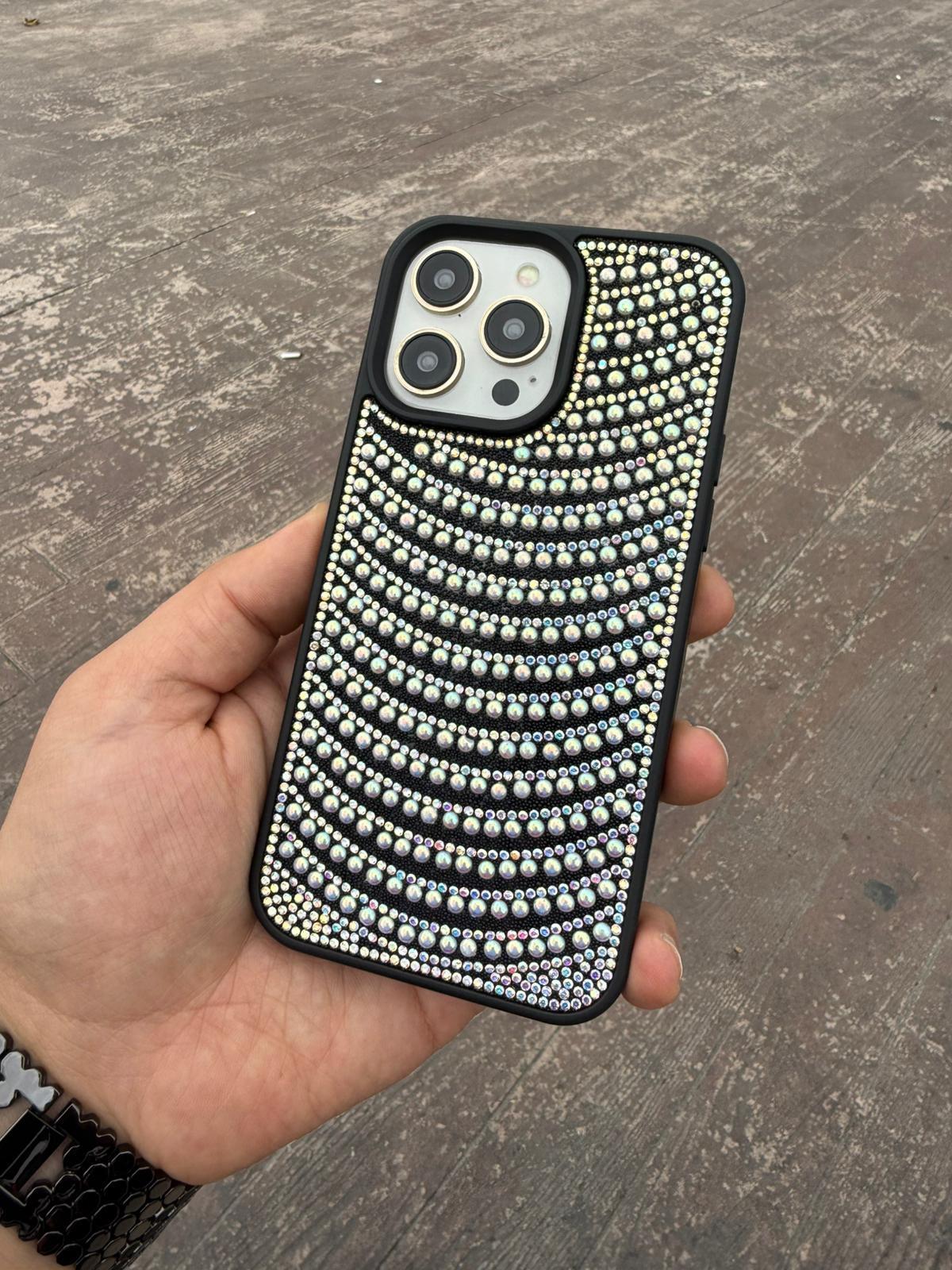 Puloka İnci Taşlı Silikon Telefon Kılıfı Siyah Renkli