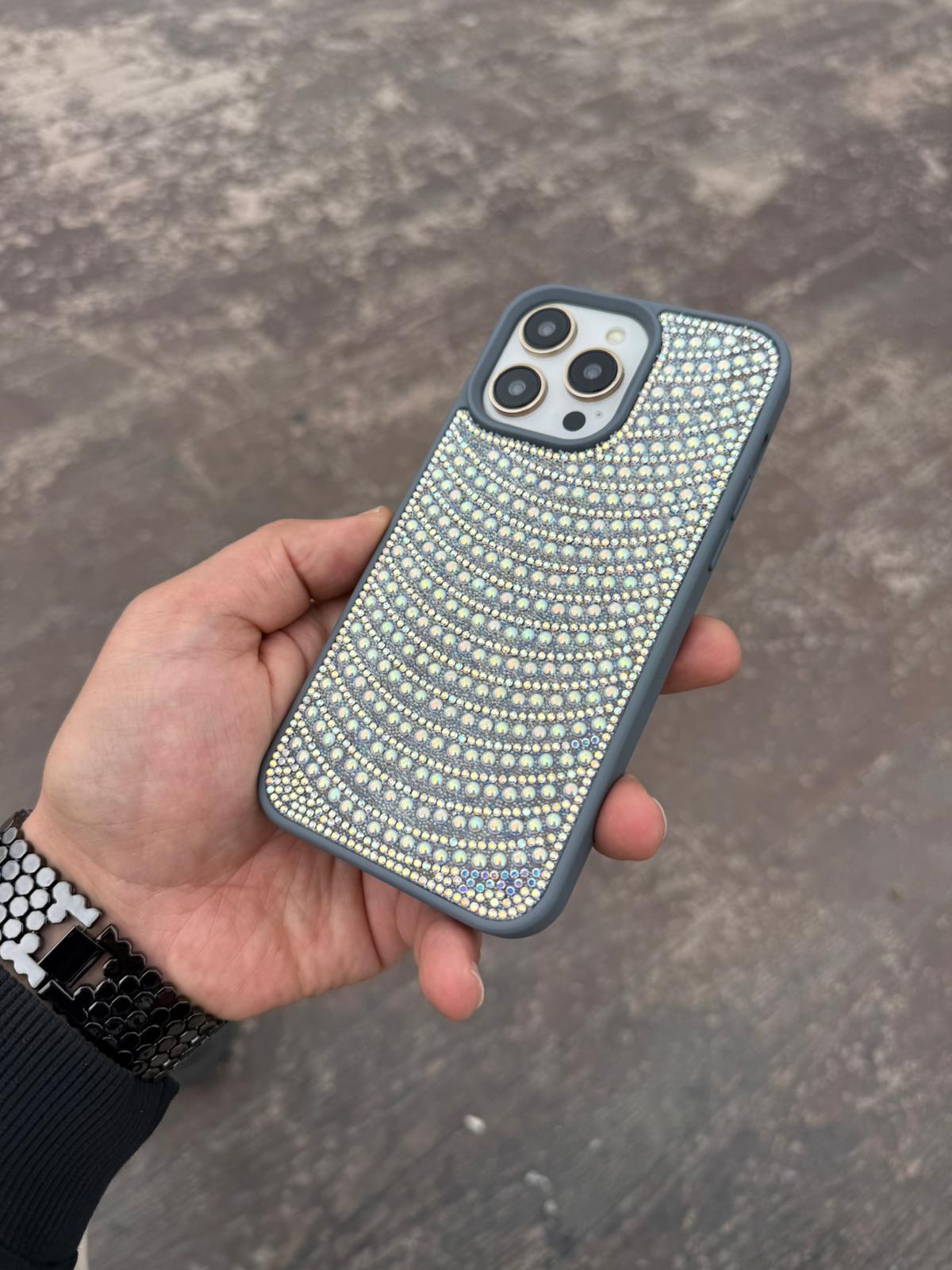 Puloka İnci Taşlı Silikon Telefon Kılıfı Gri Renkli