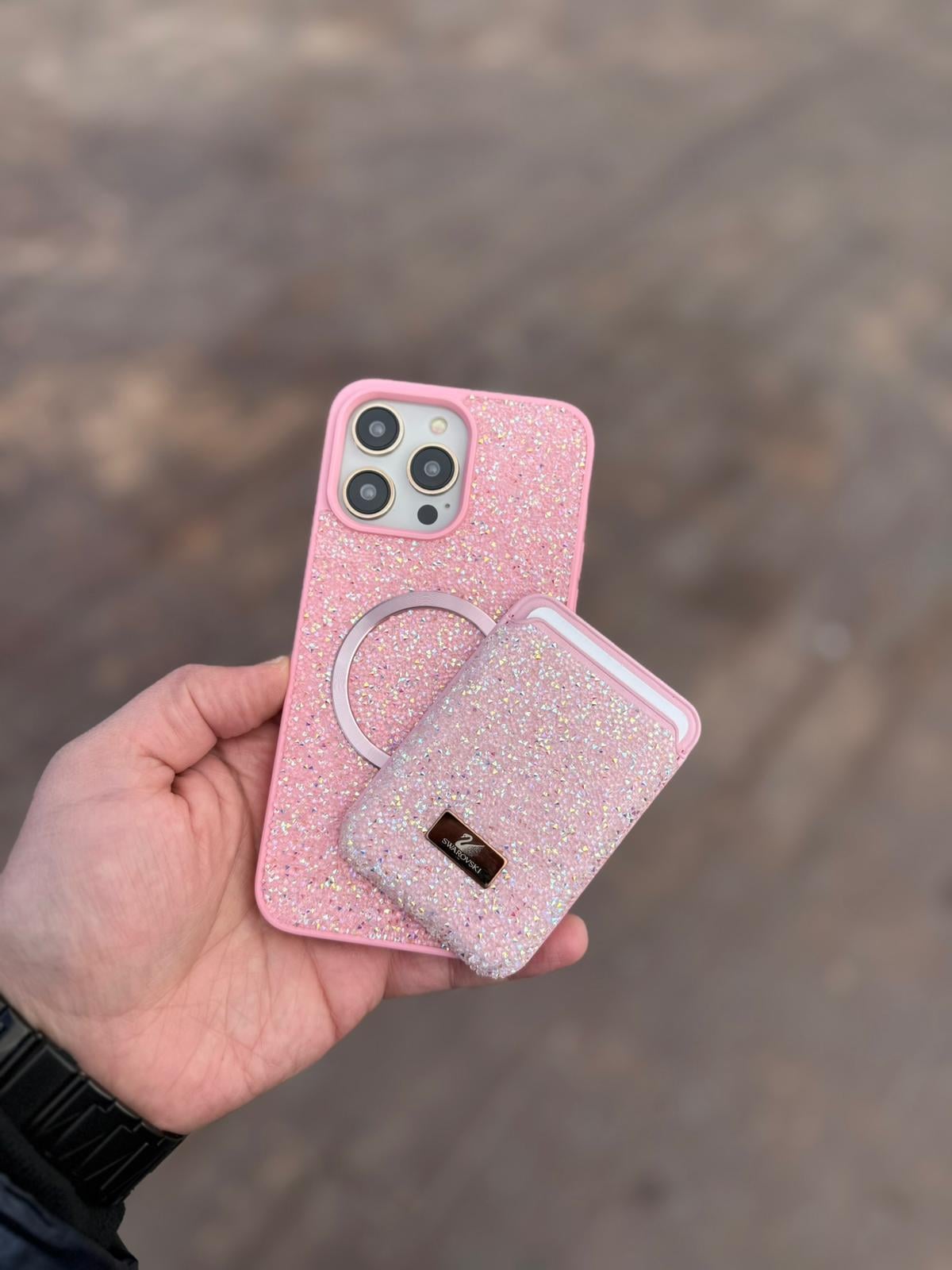 Swaroski Taşlı Magsafe Özelikli Kartlıklı Pembe Telefon Kılıfı