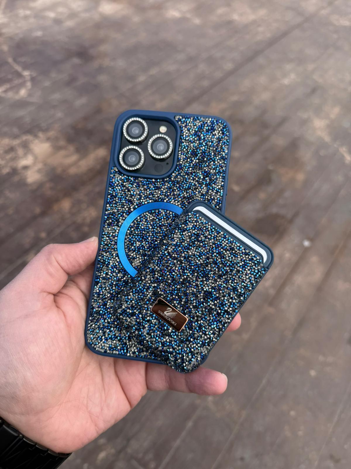 Swaroski Taşlı Magsafe Özelikli Kartlıklı MAVİ renk Telefon Kılıfı