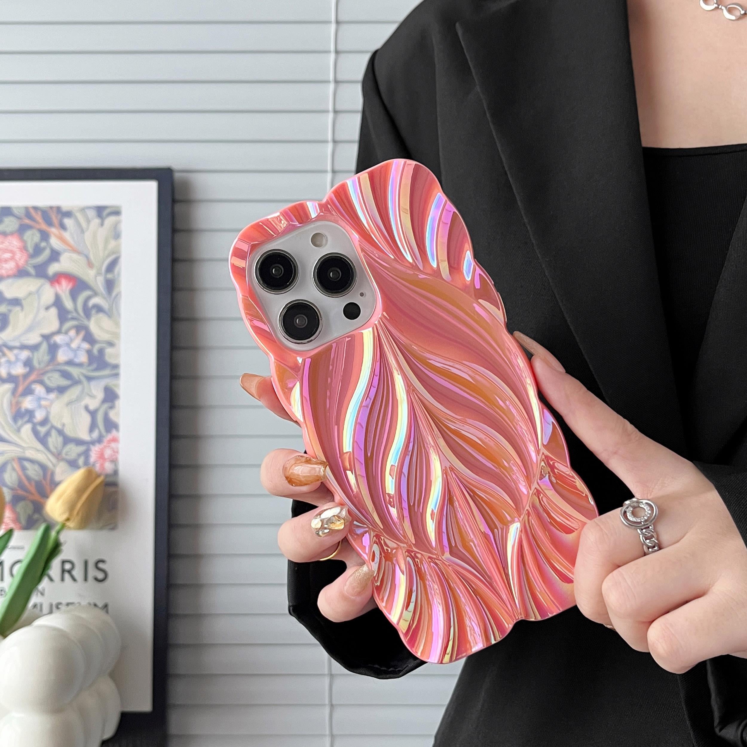 Yaprak Motifli Parlak Silikon Telefon Kılıfı Pembe Renkli