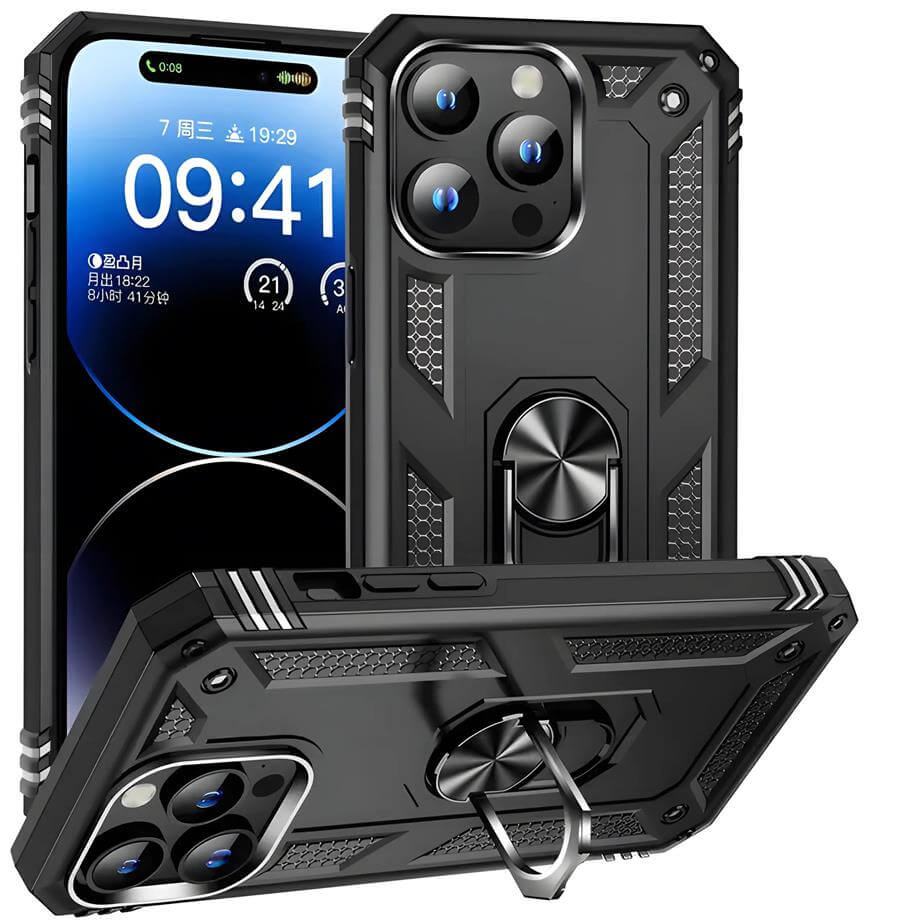 Yüzüklü Standlı Vega Tank Silikon Telefon Kılıfı Siyah Renkli