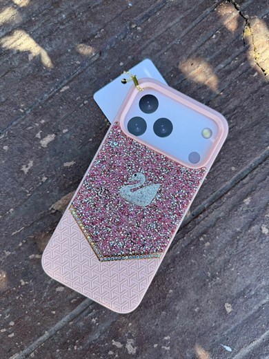 Diamond Kuğu Motifli Taşlı Luxury Kılıf Pembe Renkli