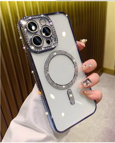 Kamera Korumalı Full Taşlı Magsafe Telefon Kılıfı Mavi Renkli