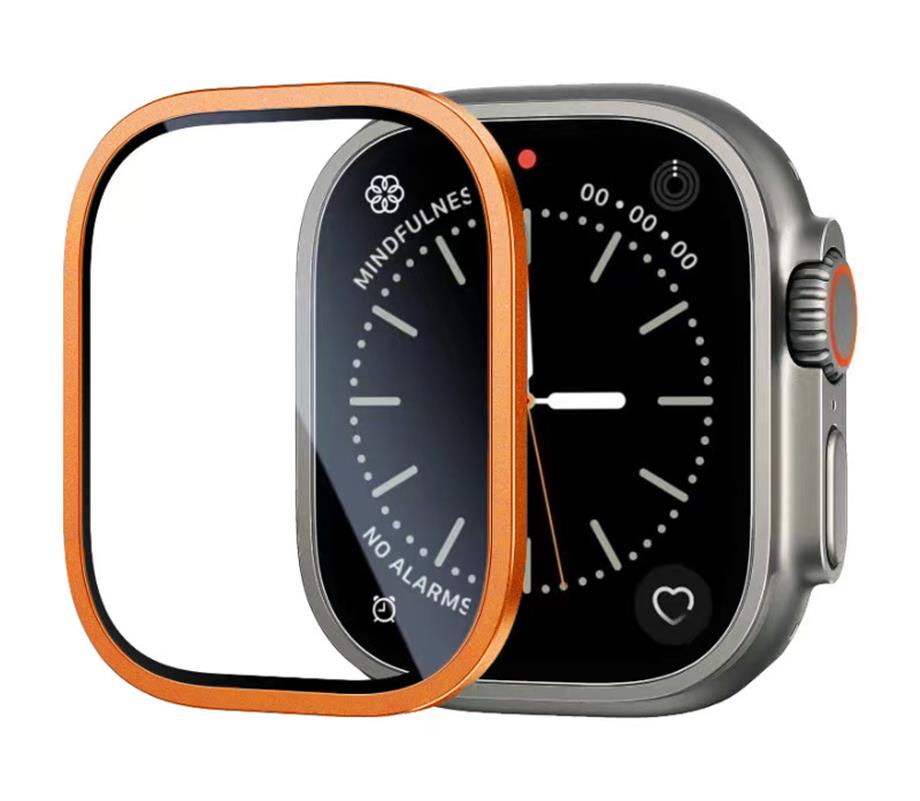  Apple Watch Ultra 49mm Zore ALM-01 Metal Çerçeveli Ekran Koruyucu  Turuncu 