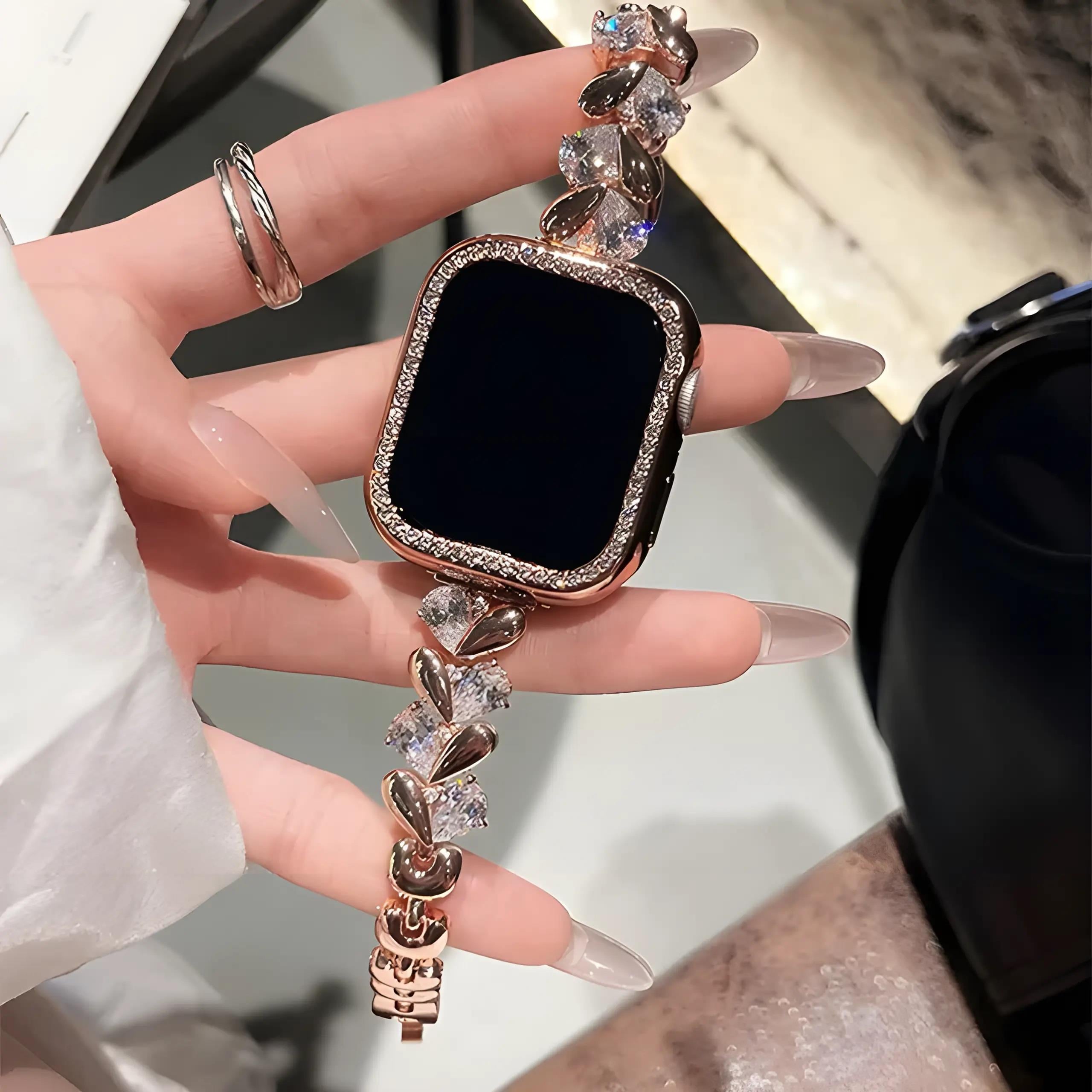 Apple watch Serisi İçin Özel Taşlı Çelik Kasa ve Kordon Takım Rose Renkli