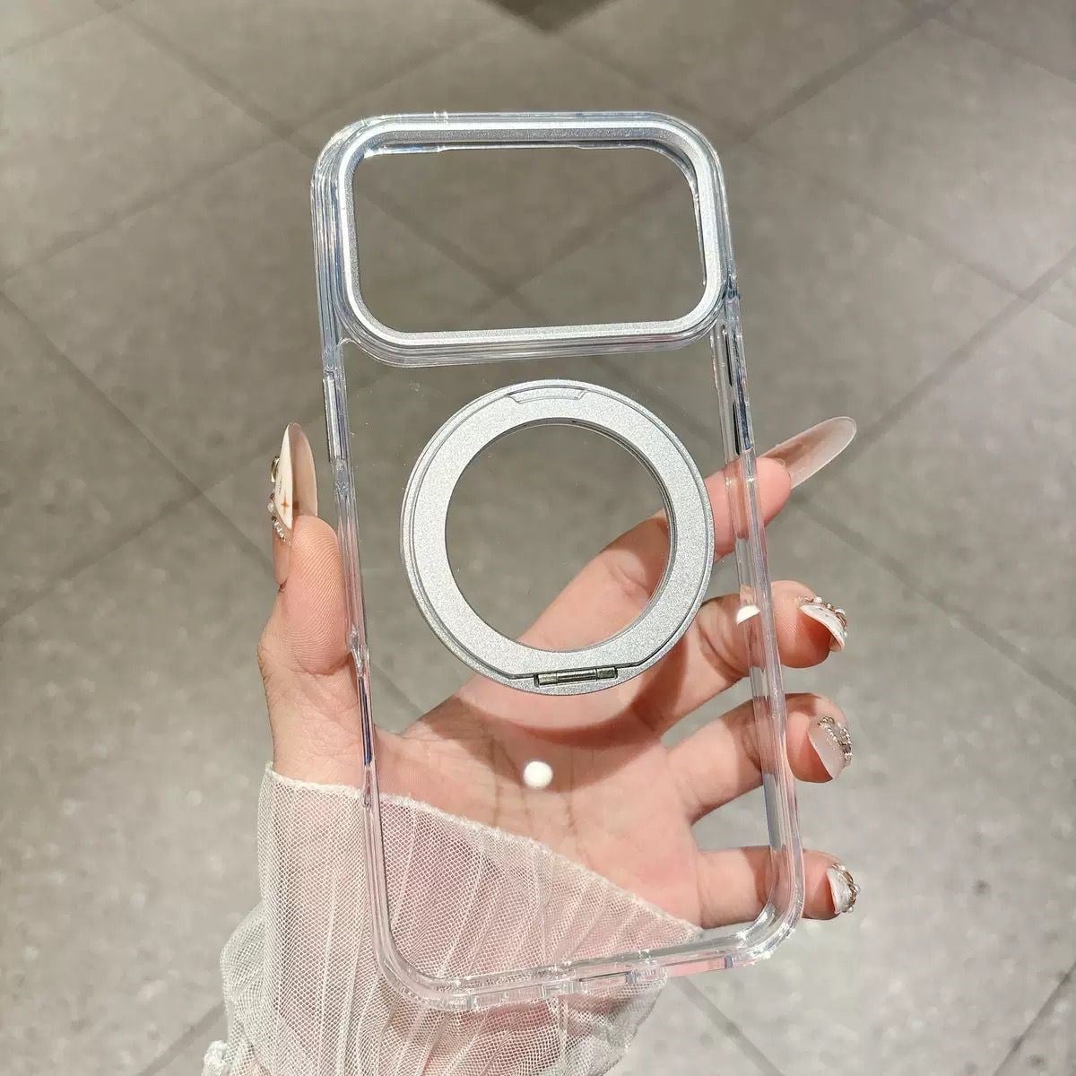 Armor Standlı Premium Sararmaz Şeffaf iPhone Kılıfı Gümüş Renkli