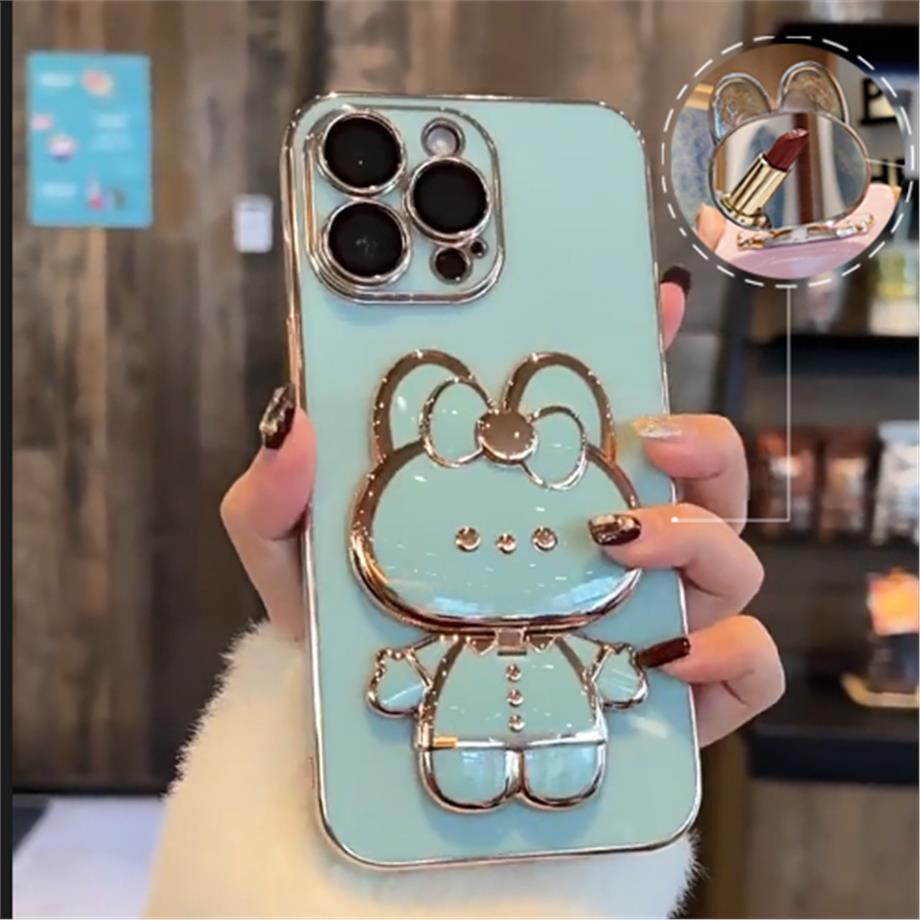 Aynalı Standlı Cute Cat Tavşan Kamera Korumalı Lazer Kılıf Yeşil