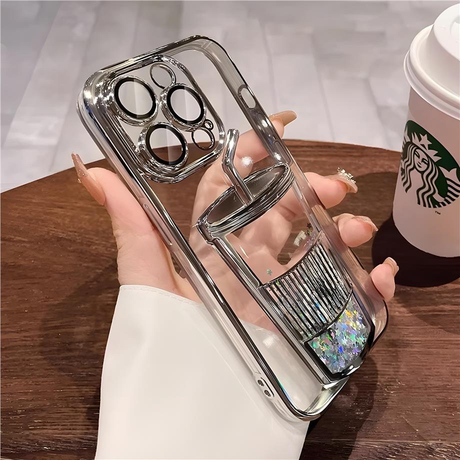Bardak Figürlü Sulu Kenarları Renkli Şeffaf Elit Silikon Telefon Kılıfı Gümüş