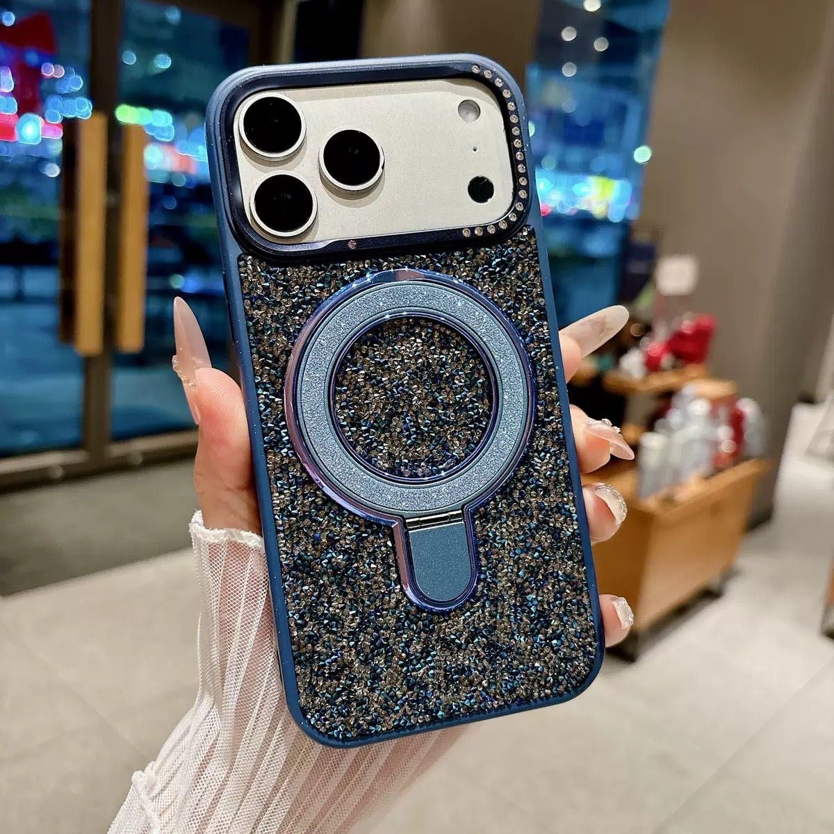 Bling Full Taşlı Standlı Magsafe Özellikli Kılıf Mavi Renkli