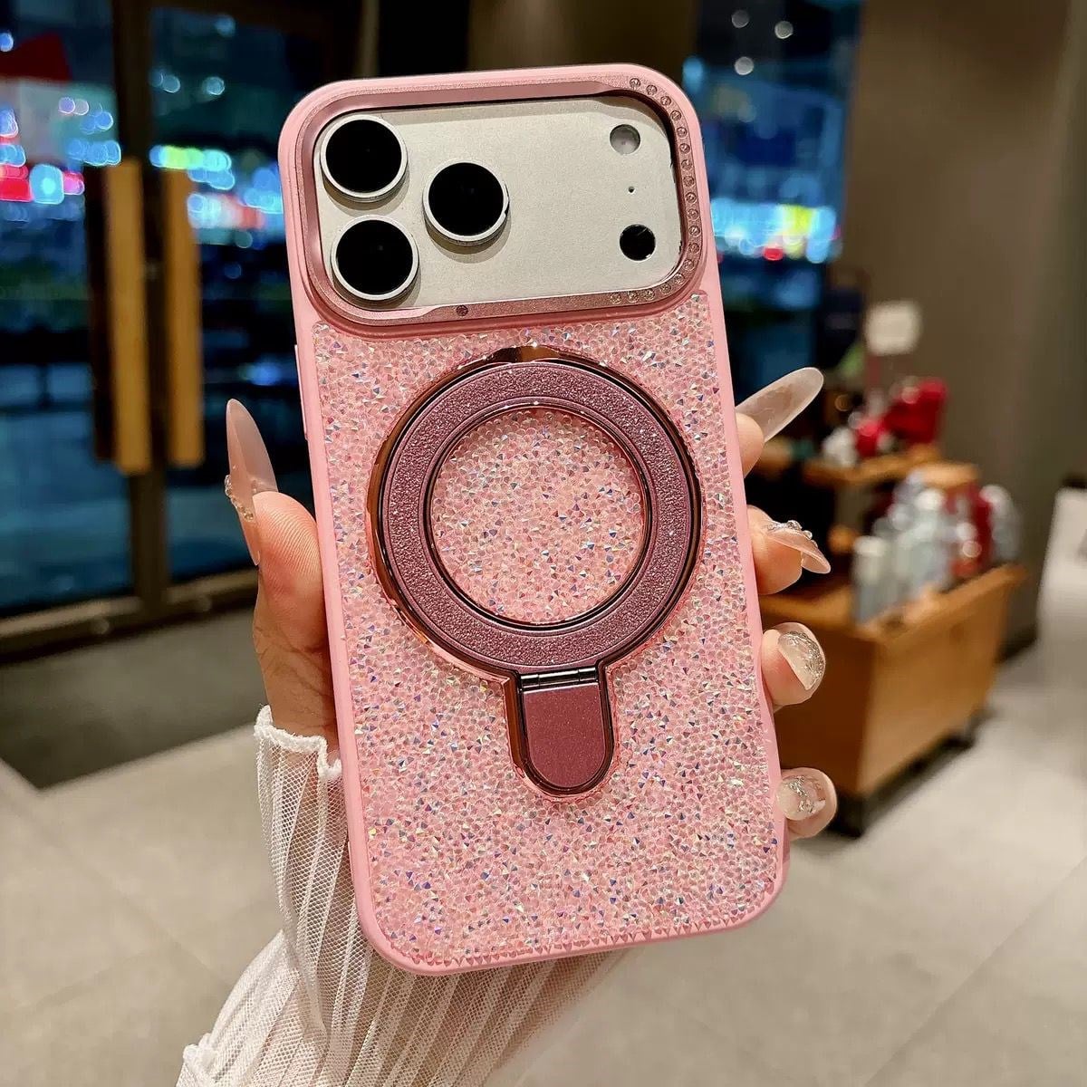 Bling Full Taşlı Standlı Magsafe Özellikli Kılıf Pembe Renkli