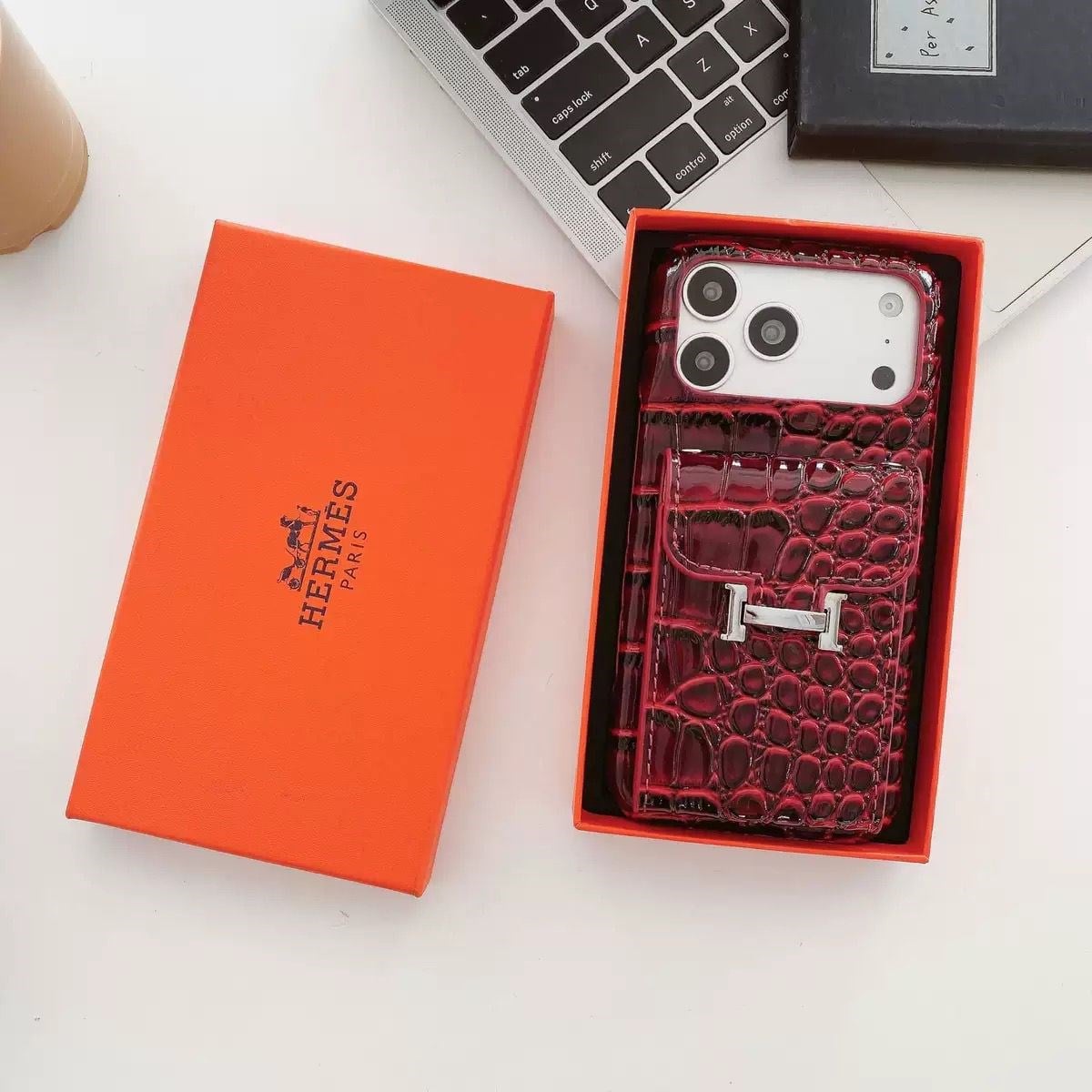 Crocodile Luxe Deri Kartlıklı Premium Kılıf Bordo Renkli