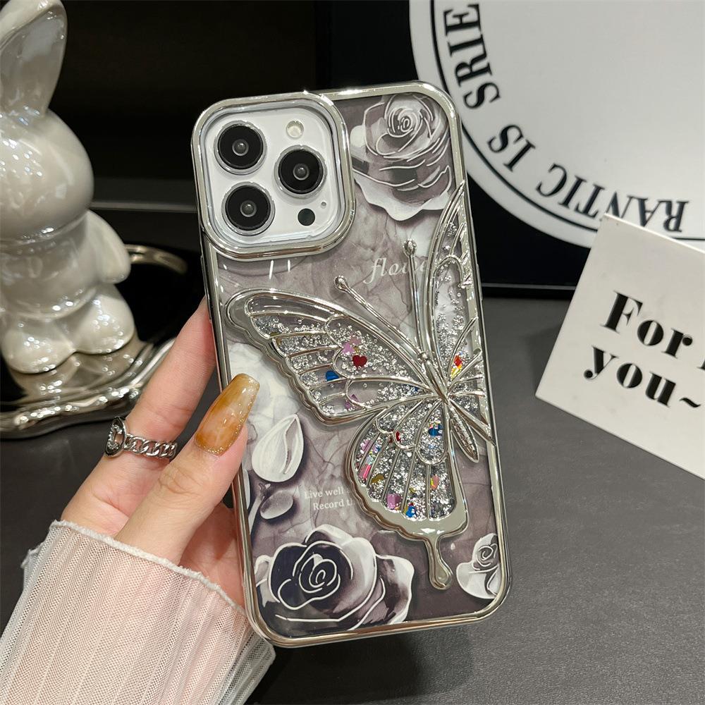 Desenli Sulu Simli Butterfly Silikon Telefon Kılıfı Gümüş Renkli