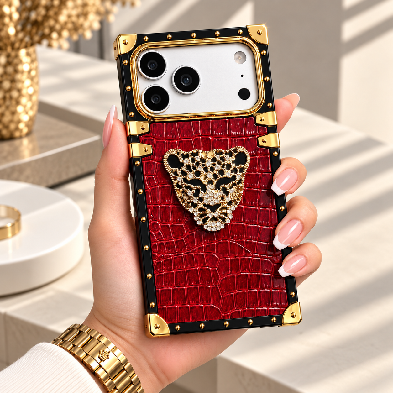 Diva Gold Leopar Tasarım Luxury Kılıf Bordo Renkli