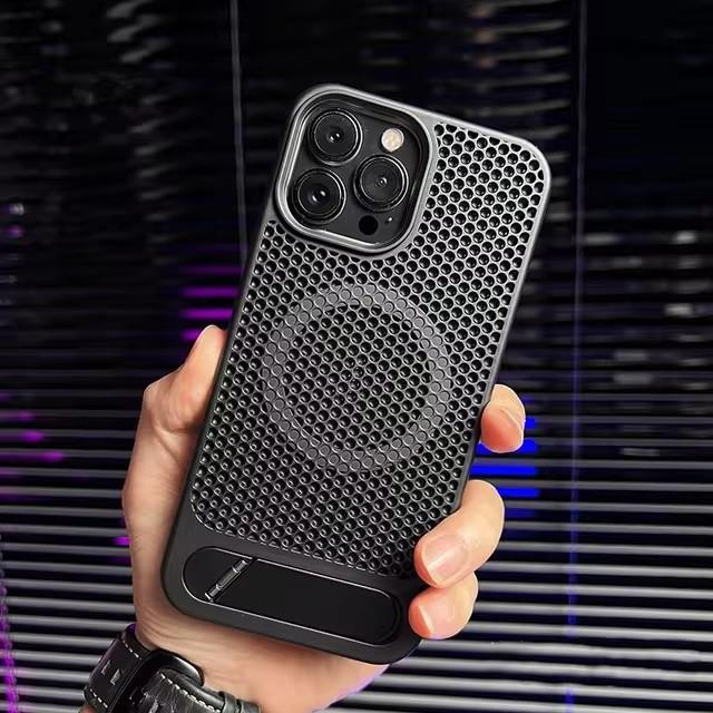 File Dizayn Standlı Lens Hediyeli Magsafe Telefon Kılıfı Siyah Renkli