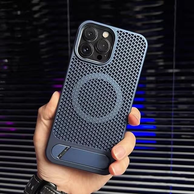 File Dizayn Standlı Lens Hediyeli Magsafe Telefon Kılıfı Lacivert Renkli