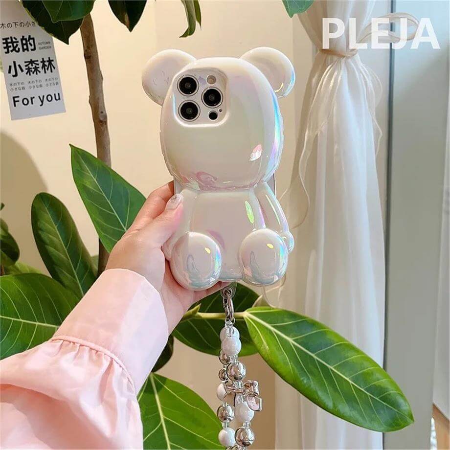 Hologramlı Cute Bear Bileklikli Parlak Silikon Telefon Kılıfı Beyaz Renkli