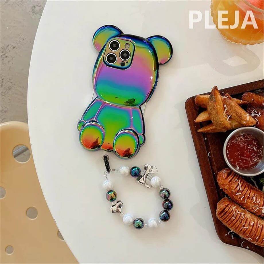 Hologramlı Cute Bear Bileklikli Parlak Silikon Telefon Kılıfı Mavi Renkli