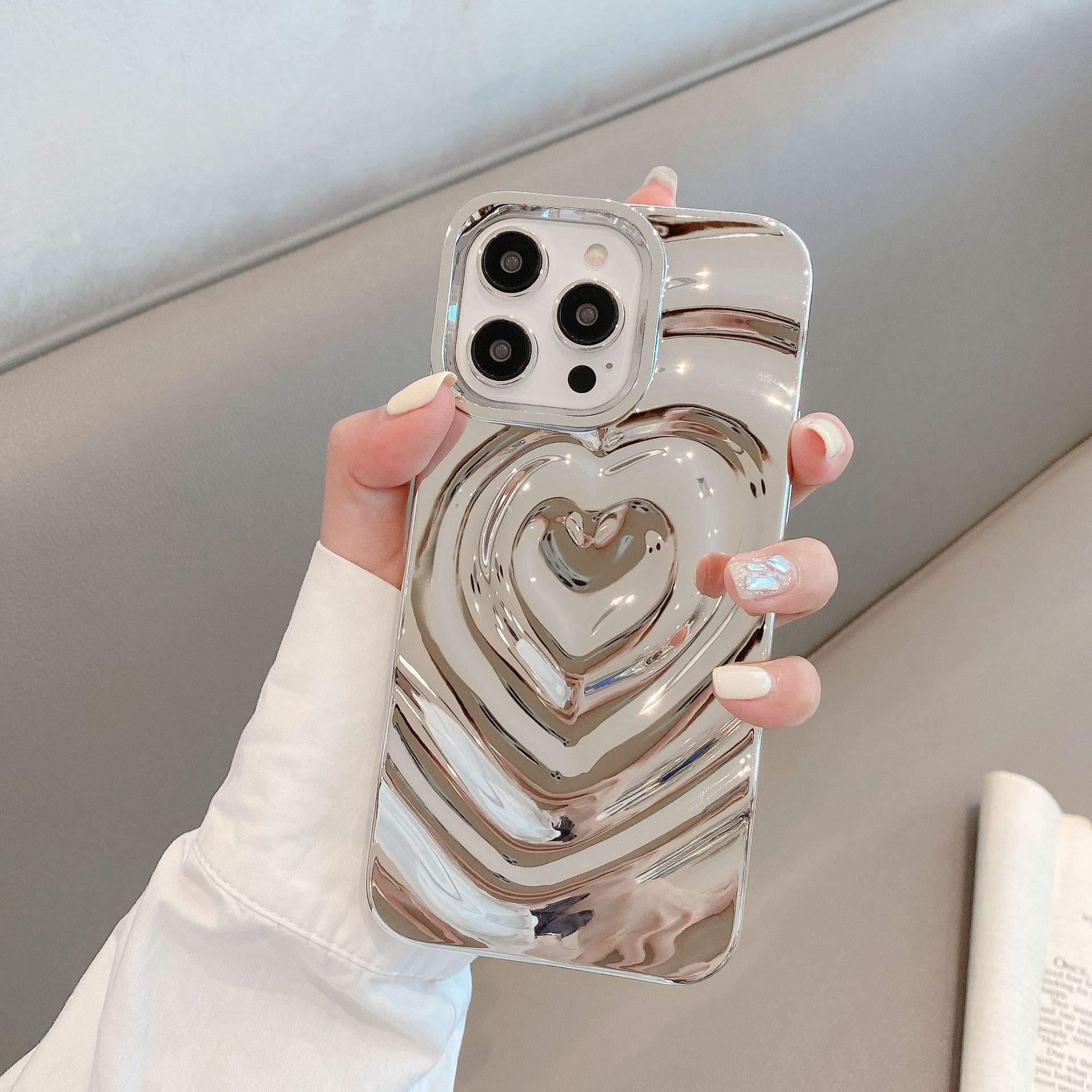 Kalp Figürlü Parlak Silikon Telefon Kılıfı Gümüş Renkli