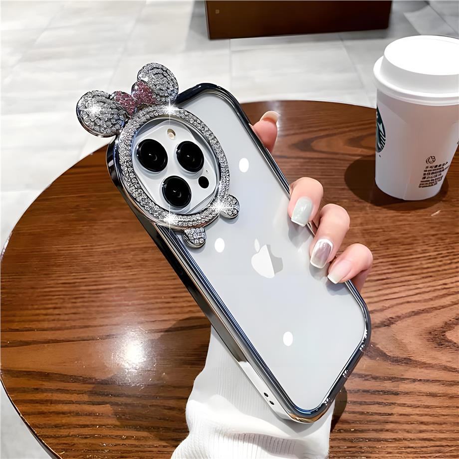 Kamera Çerçevesi Taşlı Mickey Lazer Silikon Telefon Kılıfı Gümüş Renkli