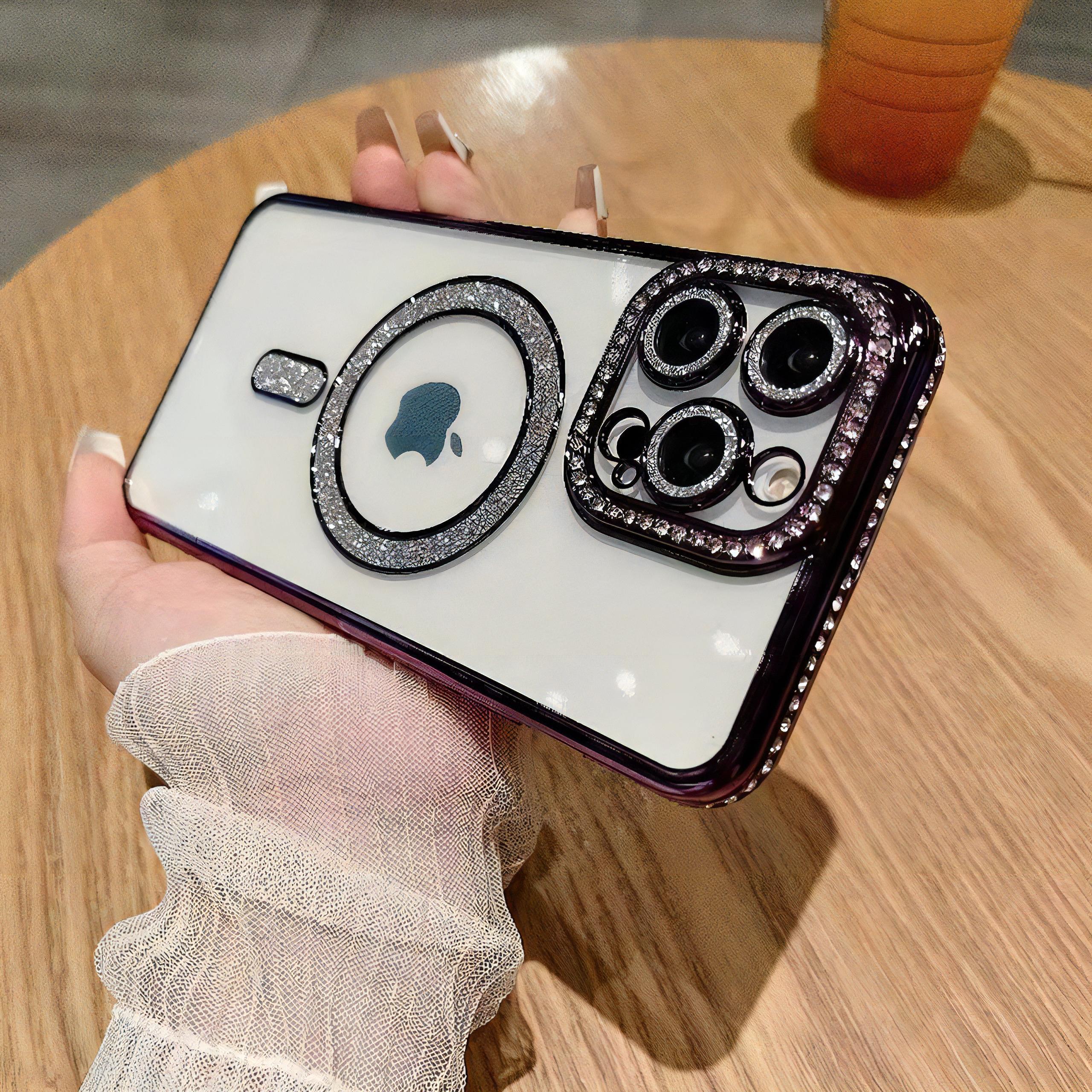 Kamera Korumalı Full Taşlı Magsafe Telefon Kılıfı Siyah Renkli
