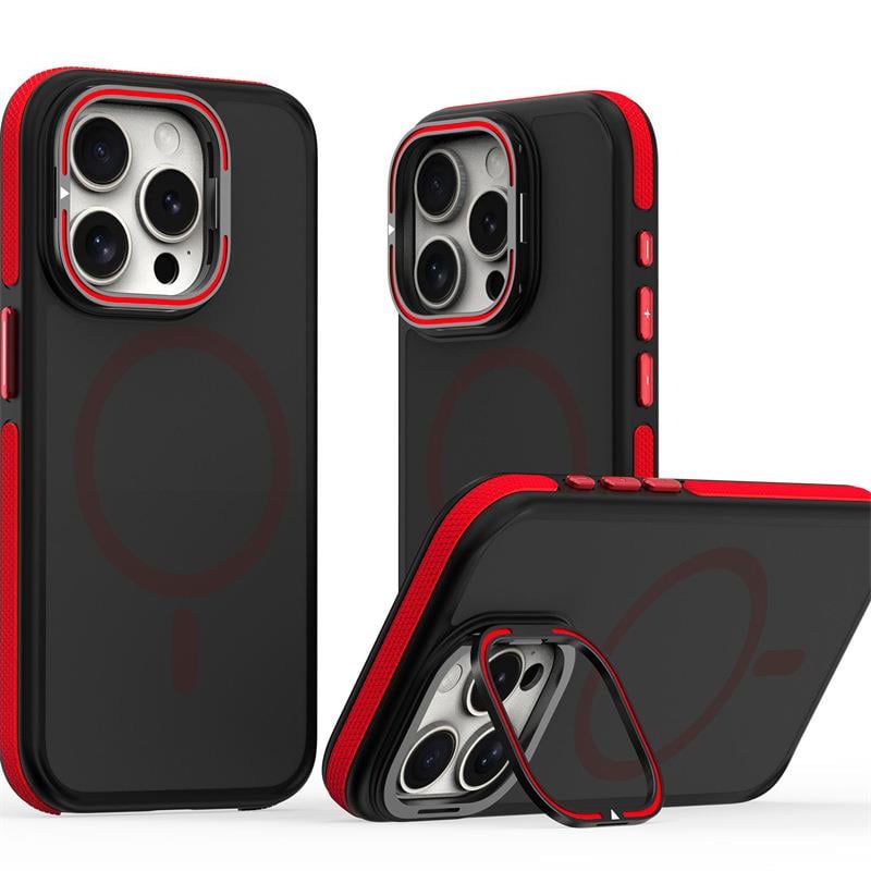 Kamera ve Lens Korumalı Standlı Magsafe Telefon Kılıfı Kırmızı Renkli