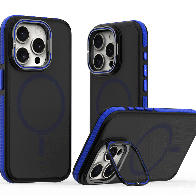 Kamera ve Lens Korumalı Standlı Magsafe Telefon Kılıfı Lacivert Renkli