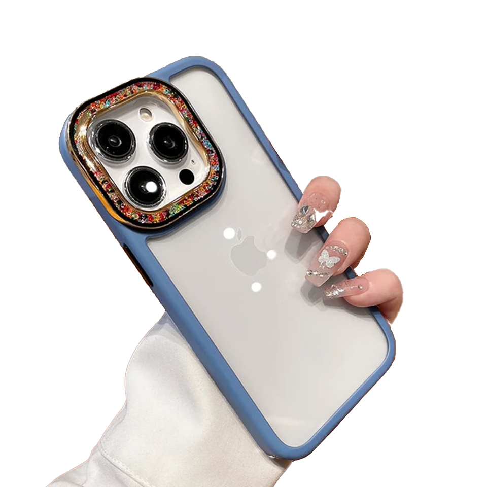 Kamerası Taşlı Arkası Camlı Metal Tuşlu Still Telefon Kılıf Mavi Renkli