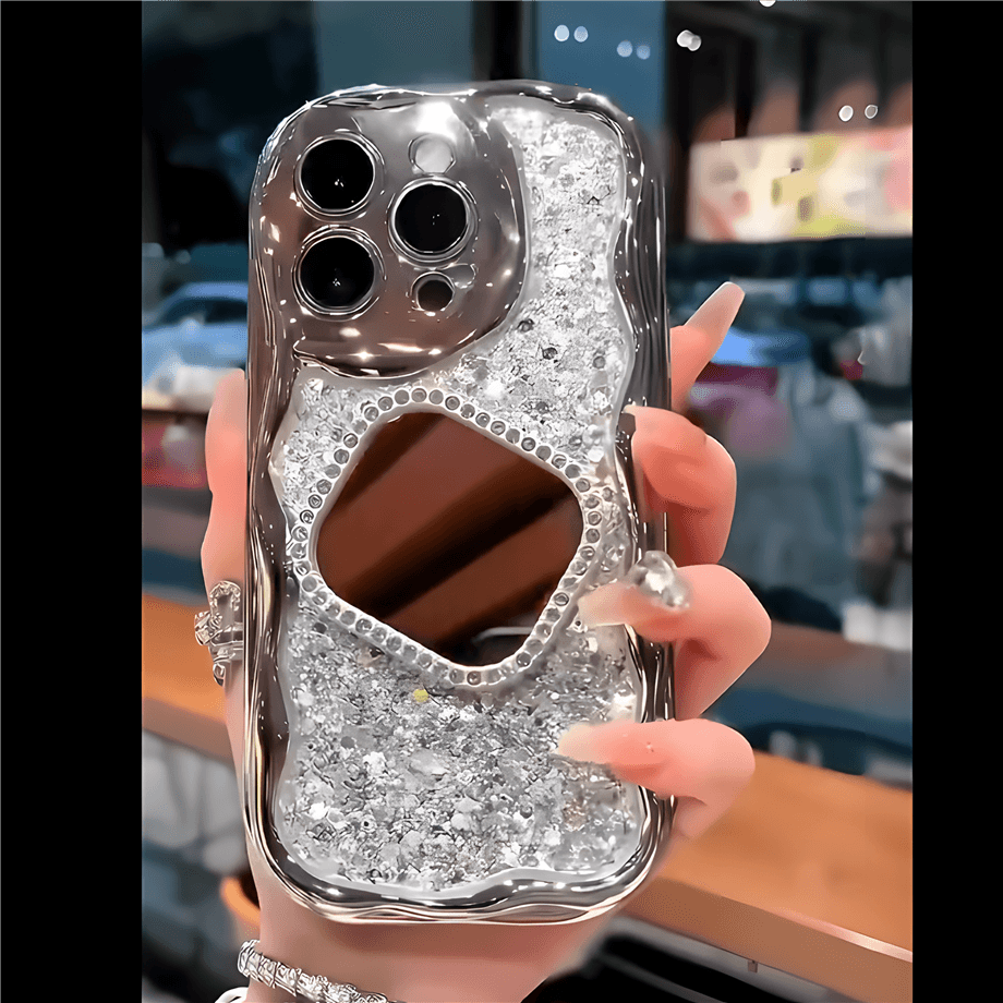 Kare Aynalı Dalgalı Tasarım Telefon Kılıfı Gümüş Renkli
