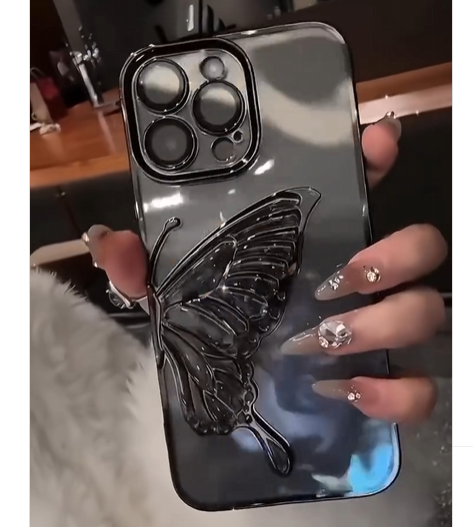 Kelebek Figürlü Sulu ve Simli Kamera ve Lens Korumalı Şeffaf Silikon Telefon Kılıfı Siyah