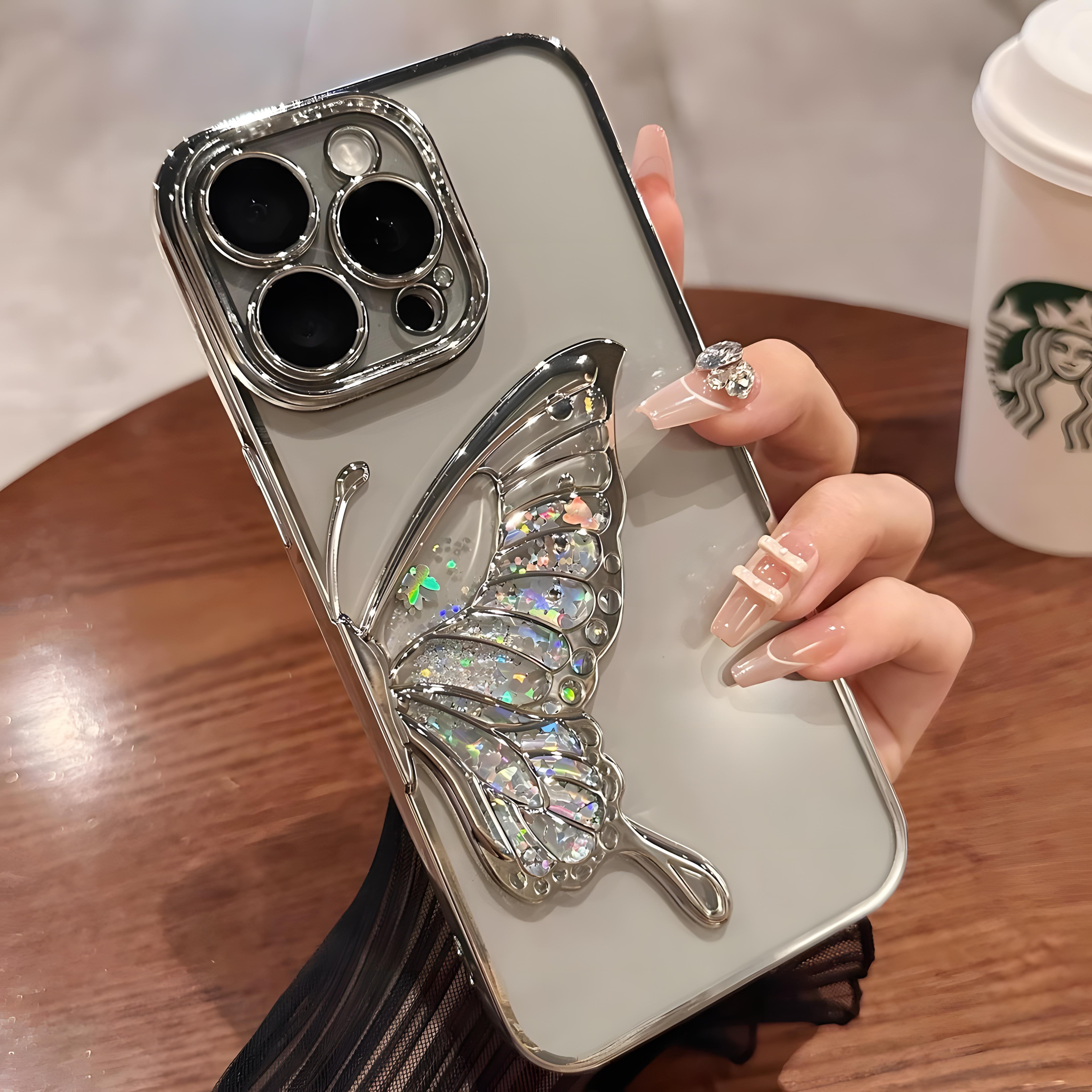Kelebek Figürlü Sulu ve Simli Kamera ve Lens Korumalı Şeffaf Silikon Telefon Kılıfı Gümüş